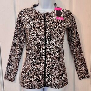 BETSEY JOHNSON SWIM TOP/RASH GUARD LEOPARD PRINT. LONG SLEEVE, FULL ZIP. SIZE S
